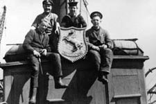 The crest! and Spree, Cornick,Benson and an apprentice, HMS Queen of Thanet, May 1942