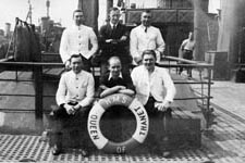 The stewards! Burgess, Winter, Carter, Malarkey, Ferguson and Donaldson, HMS Queen of Thanet, May 1942